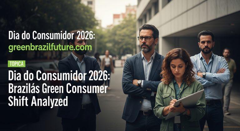 Eco-friendly Dia do Consumidor 2026 scene in Brazil with shoppers and sustainable products.