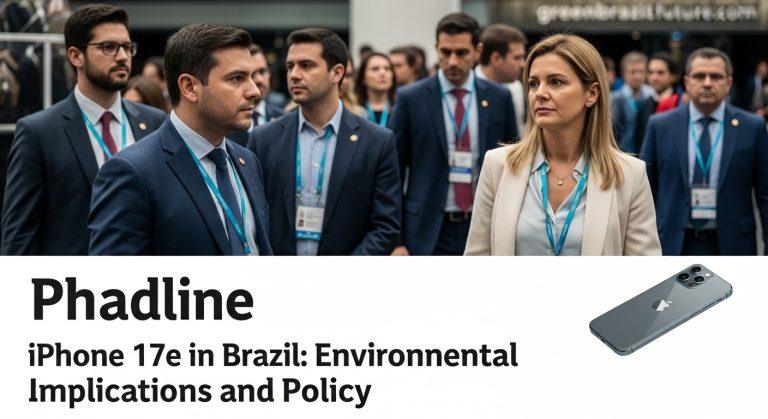 Editorial illustration of iPhone 17e with a Brazilian green-tech theme.