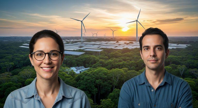 Brazilian rainforest with renewable energy infrastructure and sunrise light