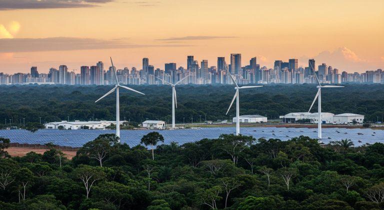 Brazilian landscape featuring renewable energy infrastructure amid forested areas.