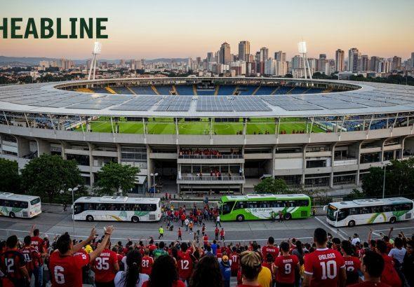 Solar-powered stadium with fans arriving by electric transit, illustrating environmental sustainability in football