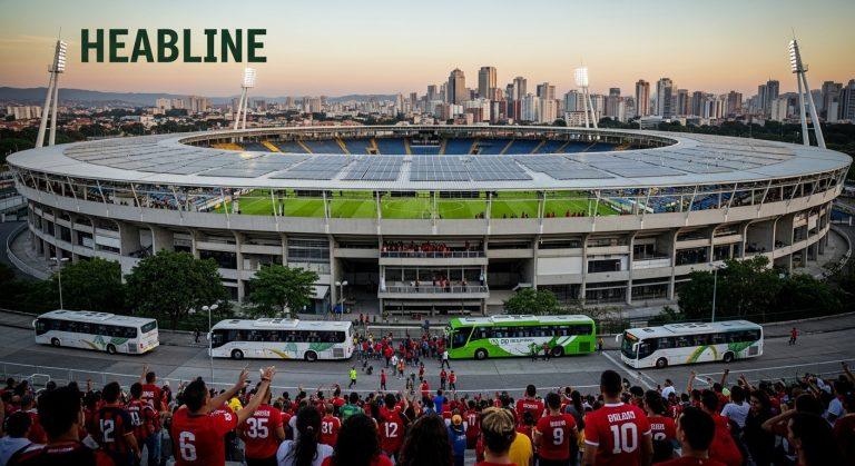 Solar-powered stadium with fans arriving by electric transit, illustrating environmental sustainability in football